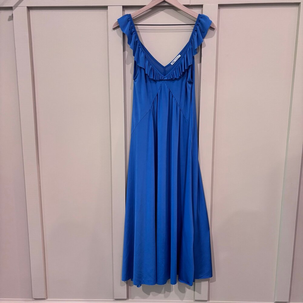 Zara Blue Ruffled Satin Effect V-Neck Midi Slip Dress sz S 70s Romantic Ballet - Picture 2 of 5